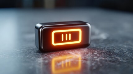 A sleek, modern power bank with an illuminated battery status indicator on a polished surface.