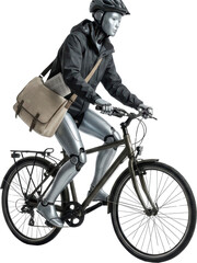 Obraz premium A metallic humanoid figure wearing a helmet and jacket rides a bicycle with a messenger bag across its shoulder showcasing advanced robotics and transportation riding