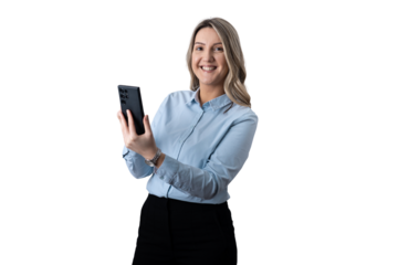 Businesswoman smiling while holding smartphone on transparent background