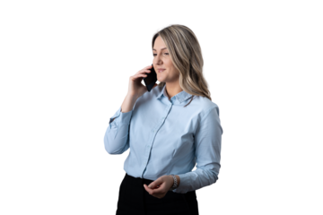 Professional woman talking on a phone call with transparent background