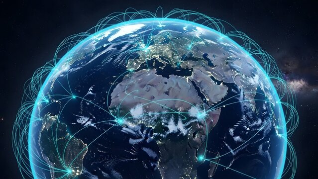 Global network connection digital earth with interconnected lines and data flow
