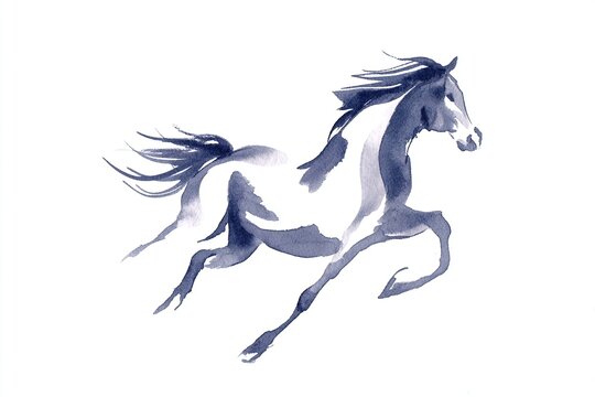A dynamic watercolor-style galloping horse silhouette, using flowing paint and soft edges, isolated against a clean white background, suitable for commercial art, greeting card design, etc.