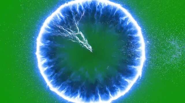Vibrant blue energy portal crackles with electric power on a green background.