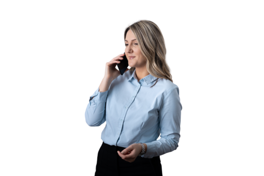 Professional woman talking on a phone call with transparent background - Powered by Adobe