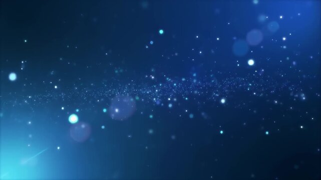 Deep blue abstract particles bokeh background with glowing light flares and shimmering dust floating in cosmic space for science technology or fantasy themes