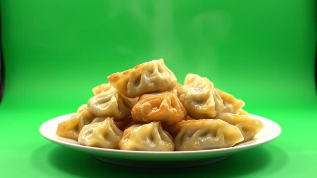full-view fried mandu plate isolated on pure green-screen background
