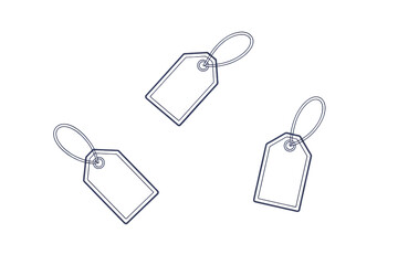 Three elegant retail tags float, a modern emblem for sales, price points, and product details, ideal for marketing and e-commerce design projects