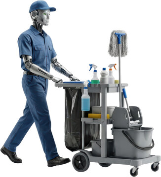 Advanced humanoid robot wearing blue uniform pushes a cleaning cart equipped with mop buckets spray bottles and cleaning supplies across transparent background android