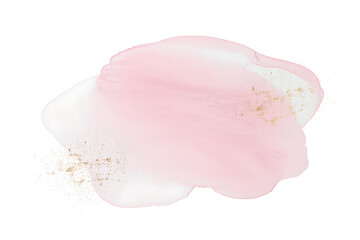 Soft pink and white watercolor brush stroke with shimmering gold glitter, isolated on white background