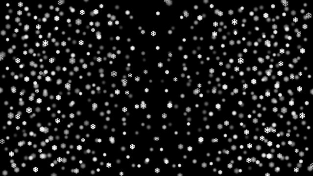 White snow flakes or snowfall with swirl soft bokeh on isolated black background, Image for Christmas or happy New Year greeting card, representation template concept