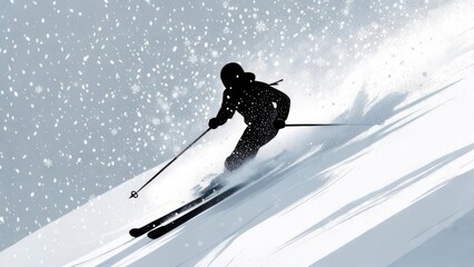 Silhouette of a skier carving down a snowy mountain slope during a blizzard.
