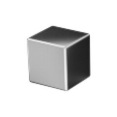 Abstract halftone cube illustration with dotted shading and geometric 3D form. Minimal black and white design for modern layouts, posters, icons, and graphic concepts.
