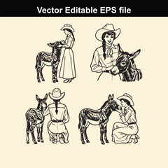 vintage vector illustration set depicting four scenes of a cowgirl interacting affectionately with her donkey or burro in various poses, suitable for western theme designs