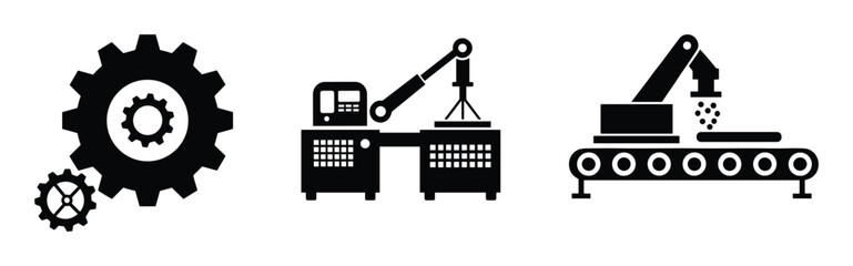 Industrial and manufacturing icons set. gears, automated machinery and production line. industrial symbols.
