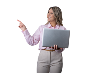 Businesswoman holding laptop and pointing presenting idea