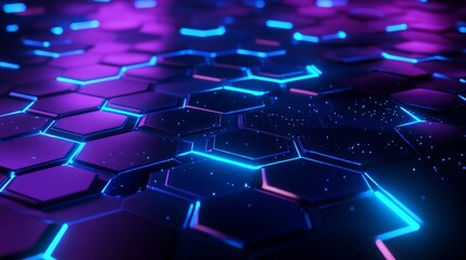 Obraz premium Modern technology background with glowing hexagon pattern in vibrant purple and blue for futuristic concepts and digital innovation projects