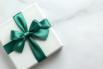 A minimalist white gift box adorned with an elegant emerald satin ribbon, perfect for holidays or special occasions, symbolizing purity, sophistication, and timeless celebration.