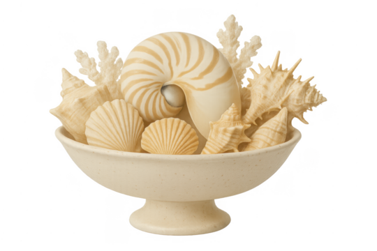 Seashell and coral collection in bowl transparent background - Powered by Adobe