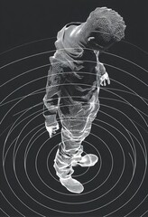 Wireframe human figure vibrating in digital space