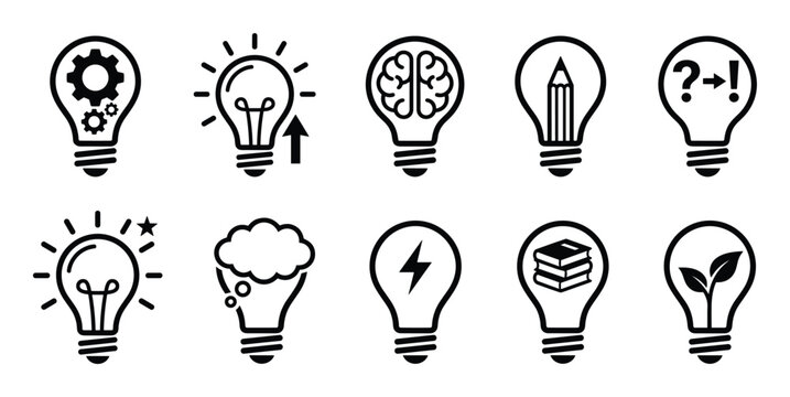 Light bulb icons set for ideas. Creativity, innovation, knowledge, inspiration, thought, solution, learning.