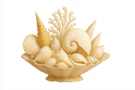 Seashells and coral arrangement in bowl on transparent background