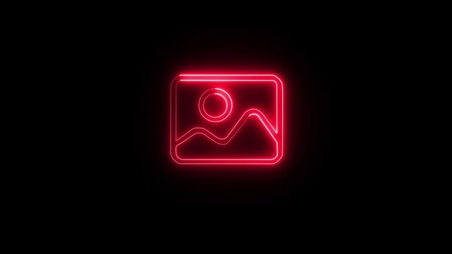 gallery glowing neon image icon  on black background. motion graphic video animation photo gallery. neon icon .4k motion video..