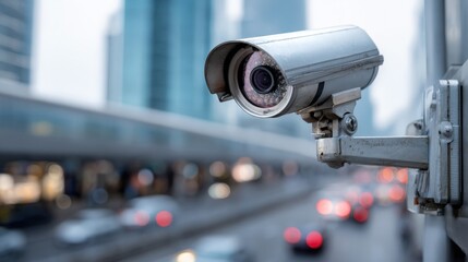 Medium shot of a hightech surveillance camera capturing clear footage in a modern security setup with dynamic urban background.