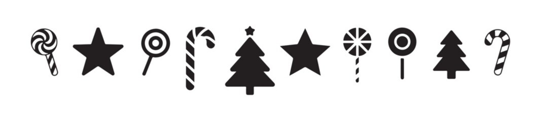 Horizontal row of black silhouette holiday candies, stars, and trees on an isolated white background