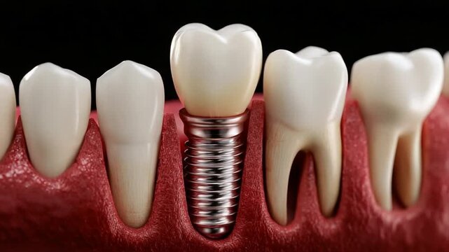 Detailed rendering of a dental implant with surrounding teeth and gum. A prosthetic tooth is in place