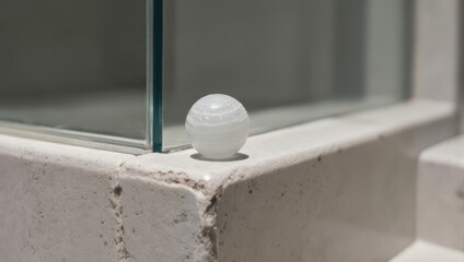 Small White Spherical Object on a Concrete Ledge Next to a Glass Panel.