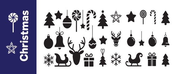 Collection of traditional winter season holiday silhouette icons including trees, stars, bells, and sleighs