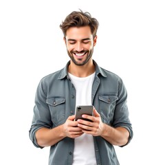 Fototapeta premium Man with beard smiling while looking at a phone in his hands against a white background in a studio shot