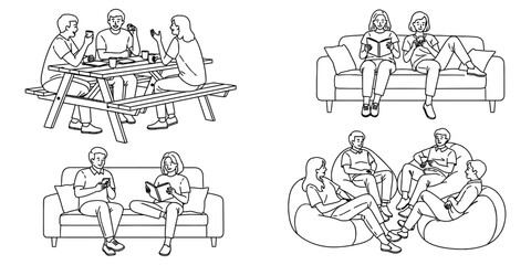 Fototapeta premium Leisure Socializing Pictogram Collection Featuring People Interacting Line Art Illustration. Style for Diverse Group Activities and Conversational Scenarios elements. 