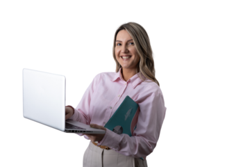 Woman businesswoman smiling holding laptop and folder