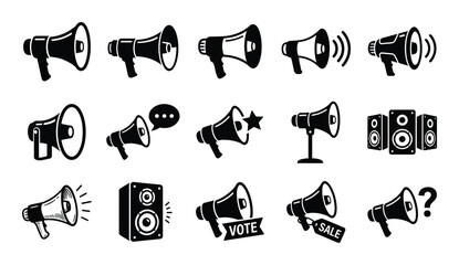 Megaphone and speaker icons for announcements, communication, marketing, and sound