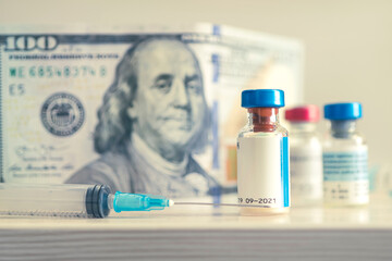 medical vaccine vials or bottles on table top over. blank vial template for label. Vaccination of the population against coronavirus covid