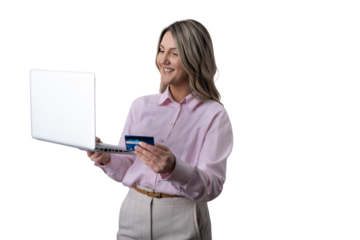 Woman holding laptop and credit card doing online shopping