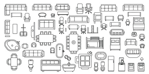 Detailed House Interior Layout, Elegant Room Plan Collection, Top-Down Apartment View Complete Architectural Outline, Minimalist House Floorplan Interior Perspective Vector. 