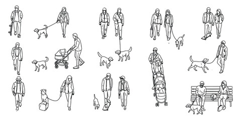 Overhead People with Pets Vector Design Elements Set: Crowd Character Drawings for Architectural Interior Designs and Urban Landscaping Plans. 