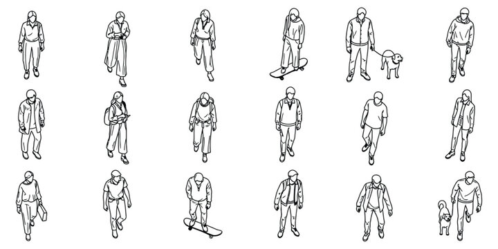 Overhead Perspective People Outline Vector Design Elements Pack: Crowd Character Drawings for Architect Interior Designs and Landscaping Plans elements. 