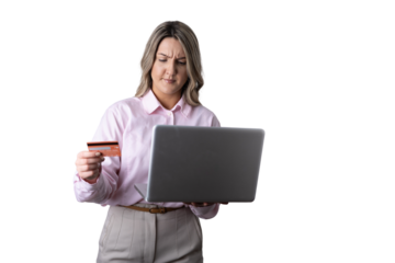 Woman confusing online payment with credit card on laptop