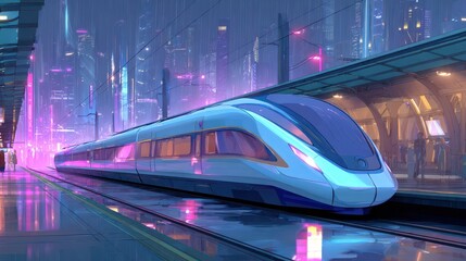 Sleek concept train at a platform as neon city lights blur in the night