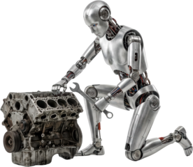 A metallic humanoid robot with visible wiring and hydraulic components kneels holding a wrench and working on a dissembled automobile engine block Android Mechanic