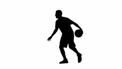 Silhouette of a basketball player dribbling the ball.