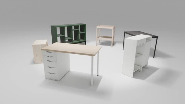 Modern flat pack furniture arranged in a circle