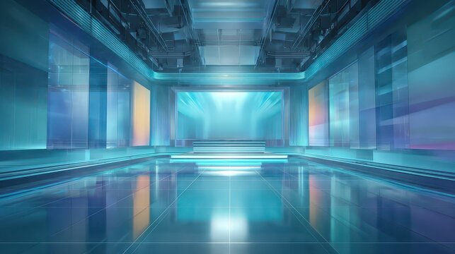 Sleek virtual studio background in cool blue tones with multi-layered screen elements