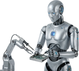 Humanoid robot with glowing blue eyes and circuits meticulously assembling electronic circuit board with robotic arm assistance android artificial intelligence AI