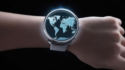 Smartwatch displaying world map on wrist, technology and global connectivity.