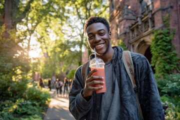 Smiling university student enjoying a smoothie between classes on a sunlit campus