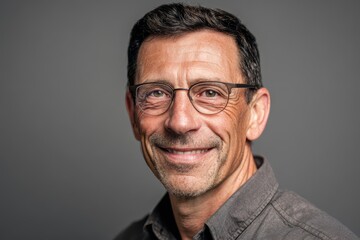 Smiling man with glasses portrait against a neutral gray background